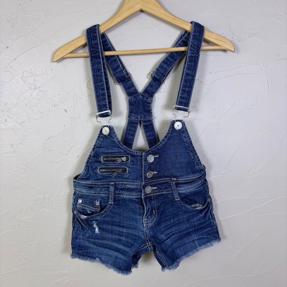 Almost Famous Denim Shortalls Women Size 0 Blue Jean Bib Overalls Cutoff Y2K